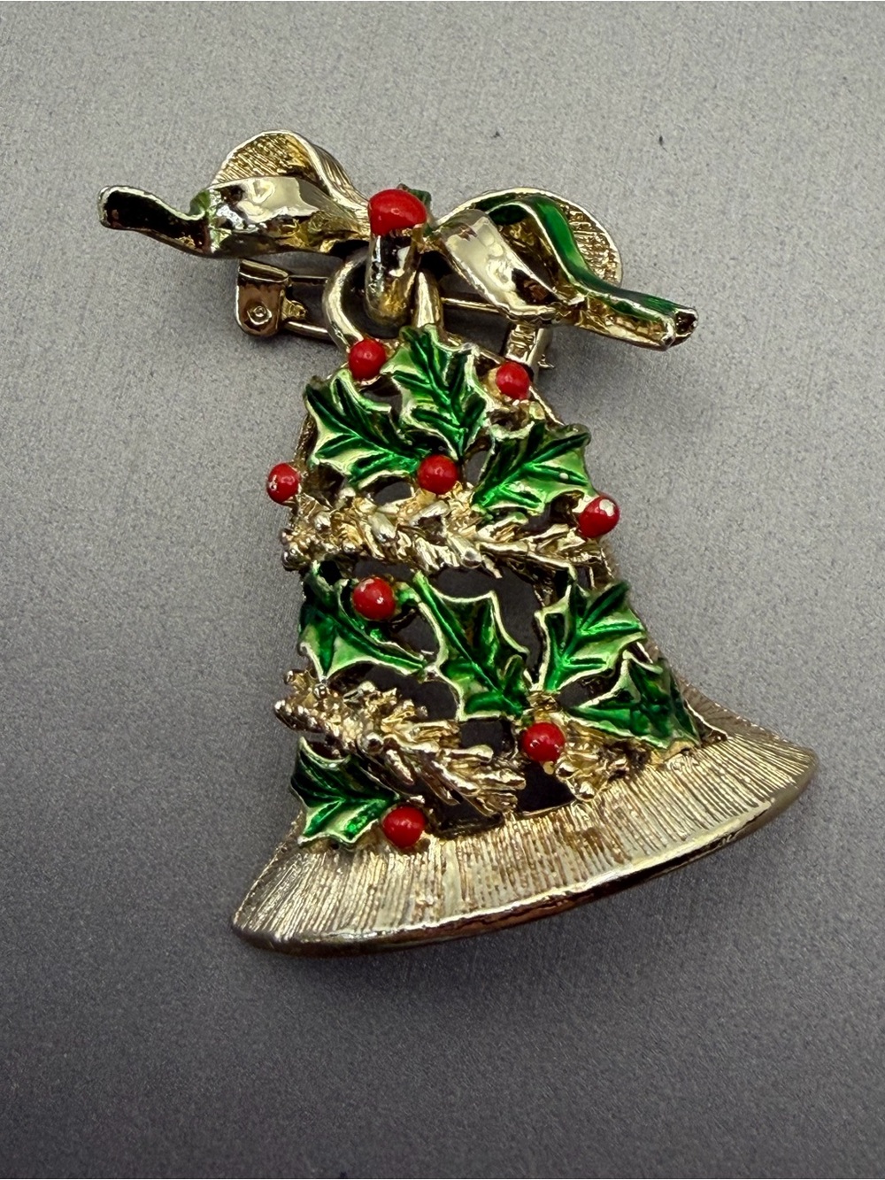 Gerry’s Holiday Bell Brooch with Enamel Green Holly and Red Berries Brooch